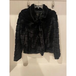 CI SONO Faux‎ Fur Jacket Black Chevron Stripe Cozy Warm Winter Size XL